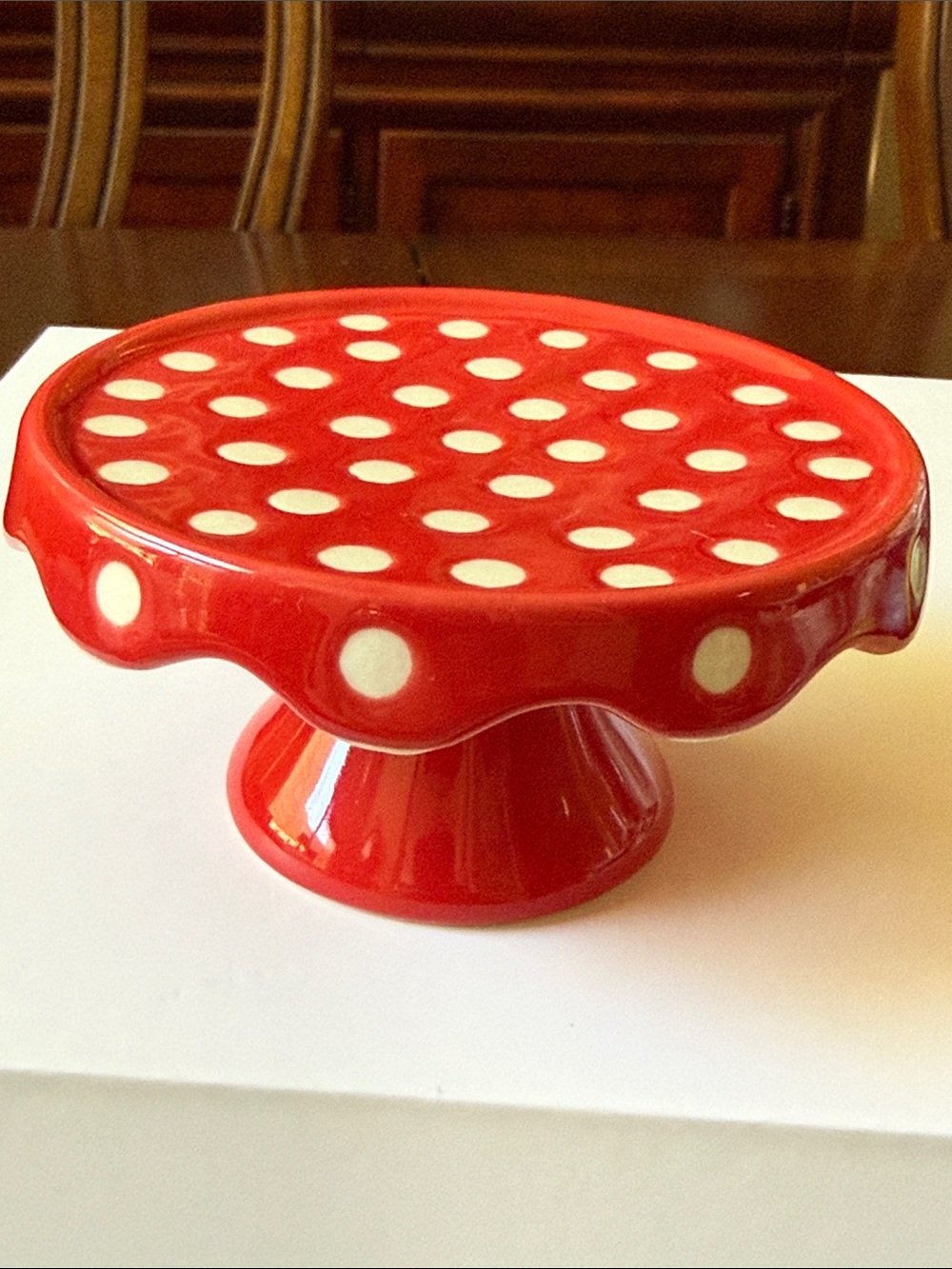 Red & White Polka Dot Ceramic mini 4” Cup Cake Stand scalloped rim & pedestal